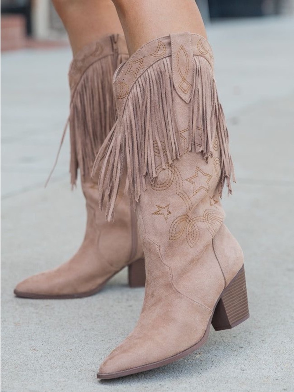 Pink Lily Faux Suede Fringe Western Mid-Calf Boots in Taupe